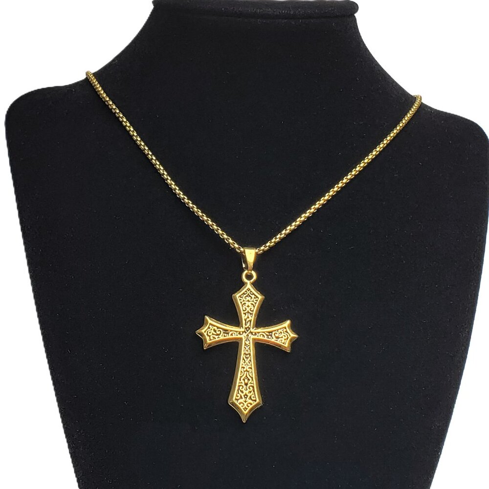 14K Gold Mens 24" Chain Link Cross Necklace Guys Christian Silver Jewelry